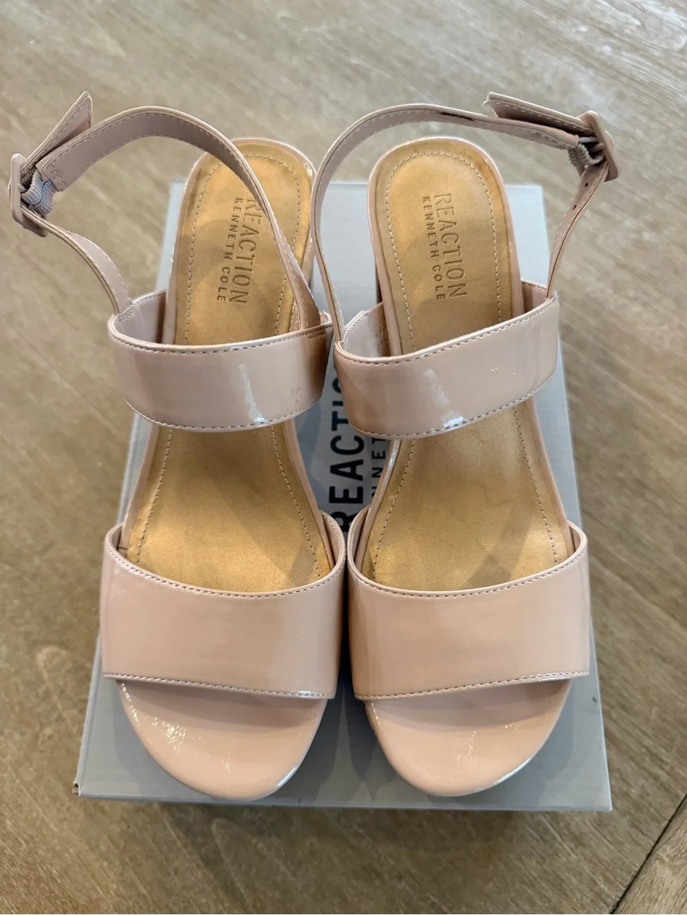 Kenneth Cole Reaction Reebeka Nude Patent Cork Block Heel Sandals Women’s Size 8